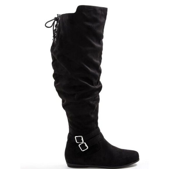 torrid Shoes - Torrid Black Double Buckle Over The Knee Boots Suede Lace Up Thigh 10.5 WW NEW